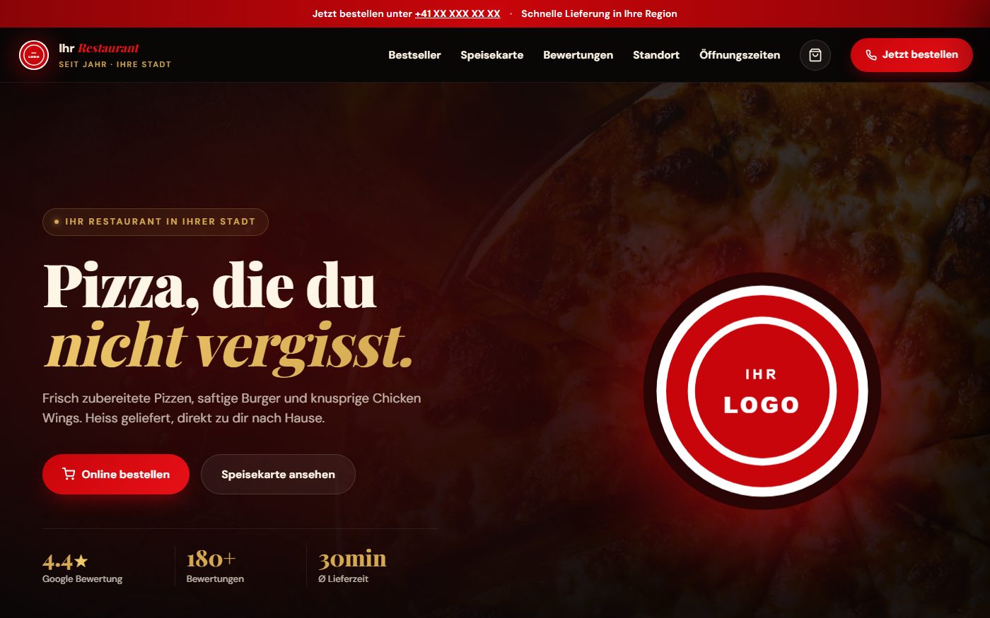 Startseite der Website des Pizzarestaurants